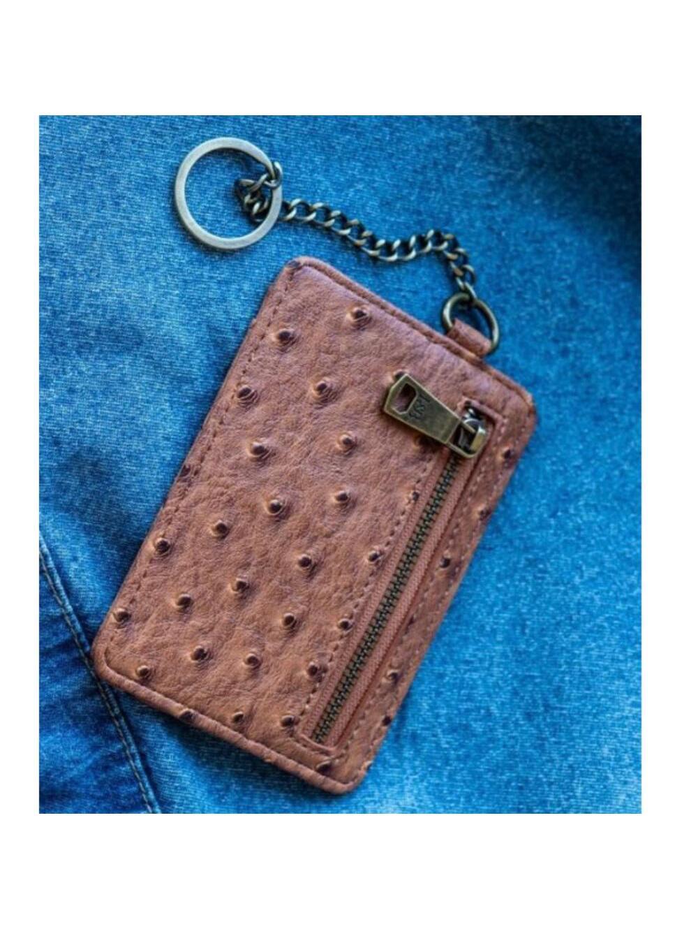 L&B Stylish Brown Ostrich Print Card Holder with Keychain
